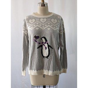 Women's Talbots Fair Isle Penguin Sweater Size XLp Petite Gray Heart Lightweight